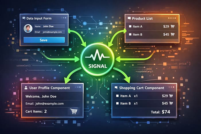 A single signal acting as a hub, connecting a data input form, a product list, a user profile component, and a shopping cart component