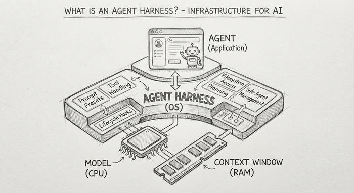 Diagram "What is an agent harness? Infrastructure for AI": the agent (the application) runs on top of the agent harness (the operating system), which offers prompt presets, tool handling, lifecycle hooks, planning, filesystem access, and sub-agent management, on top of the model (the CPU) and the context window (the RAM)
